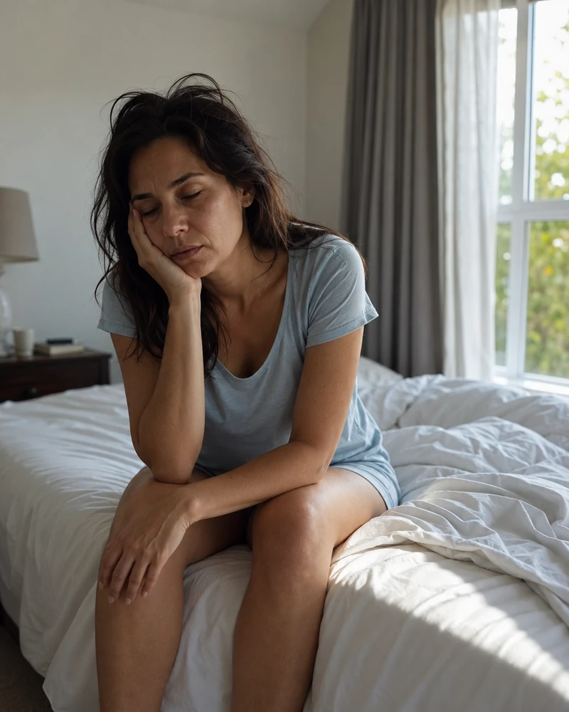 Mulher cansada sentada na cama