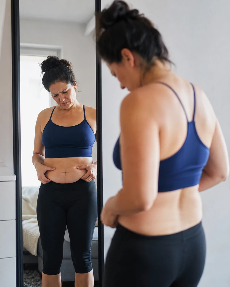 Mulher olhando o corpo no espelho